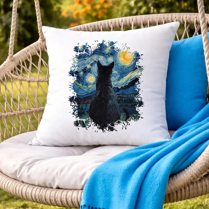 Kočka inspirovaná Van Goghem - polštář s potiskem
