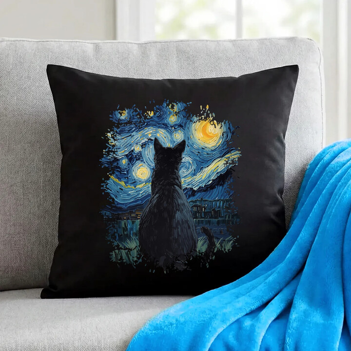 Kočka inspirovaná Van Goghem - černý polštář s potiskem