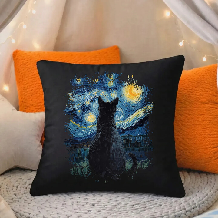 Kočka inspirovaná Van Goghem - černý polštář s potiskem