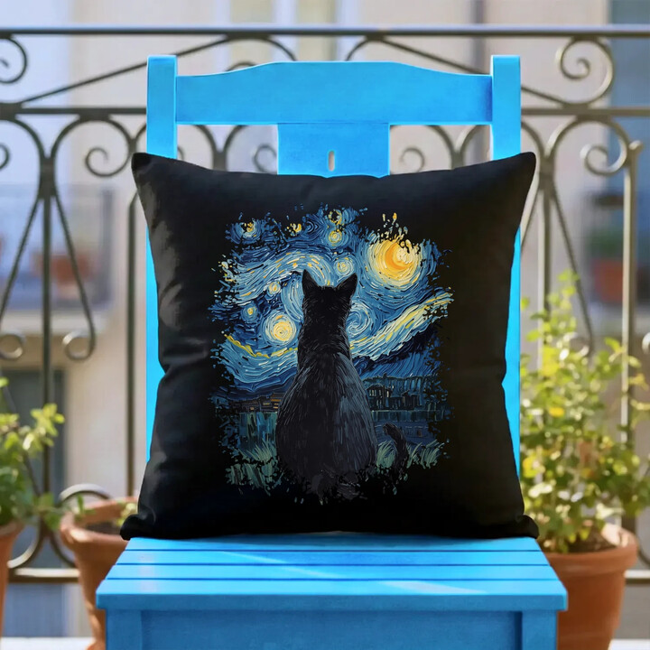 Kočka inspirovaná Van Goghem - černý polštář s potiskem