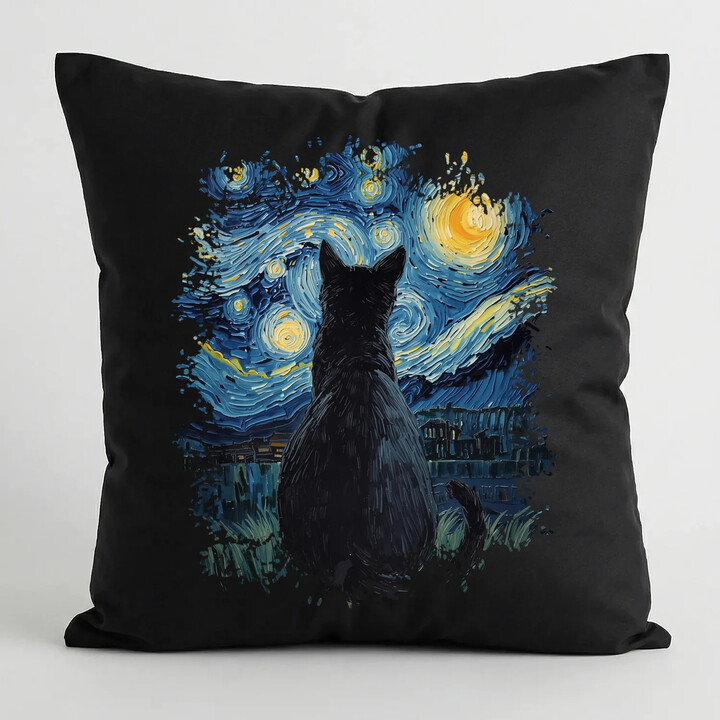 Kočka inspirovaná Van Goghem - černý polštář s potiskem