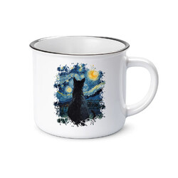 Kočka inspirovaná Van Goghem  - keramický smaltovaný hrneček s potiskem