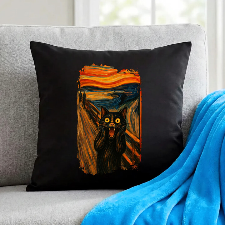 Kočka výkřik - inspirovaná Van Goghem - černý polštář s potiskem