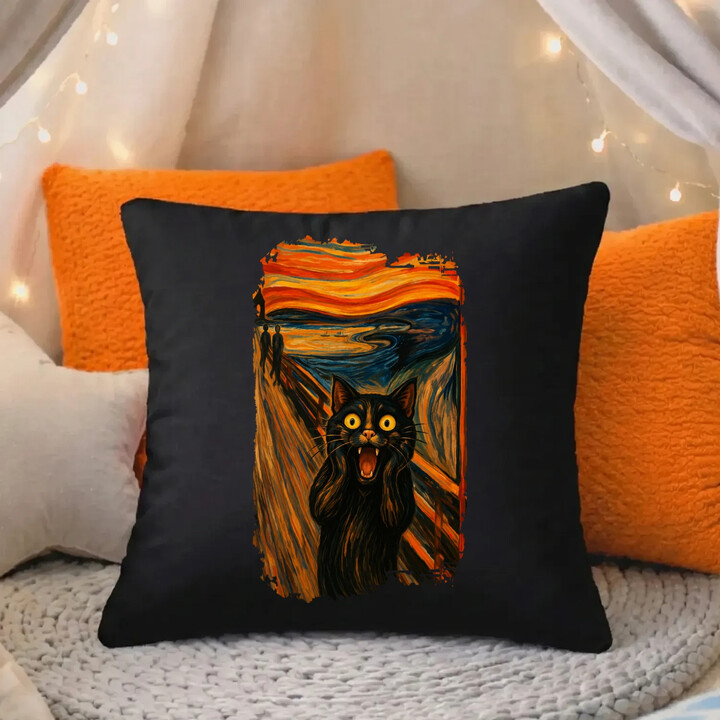 Kočka výkřik - inspirovaná Van Goghem - černý polštář s potiskem