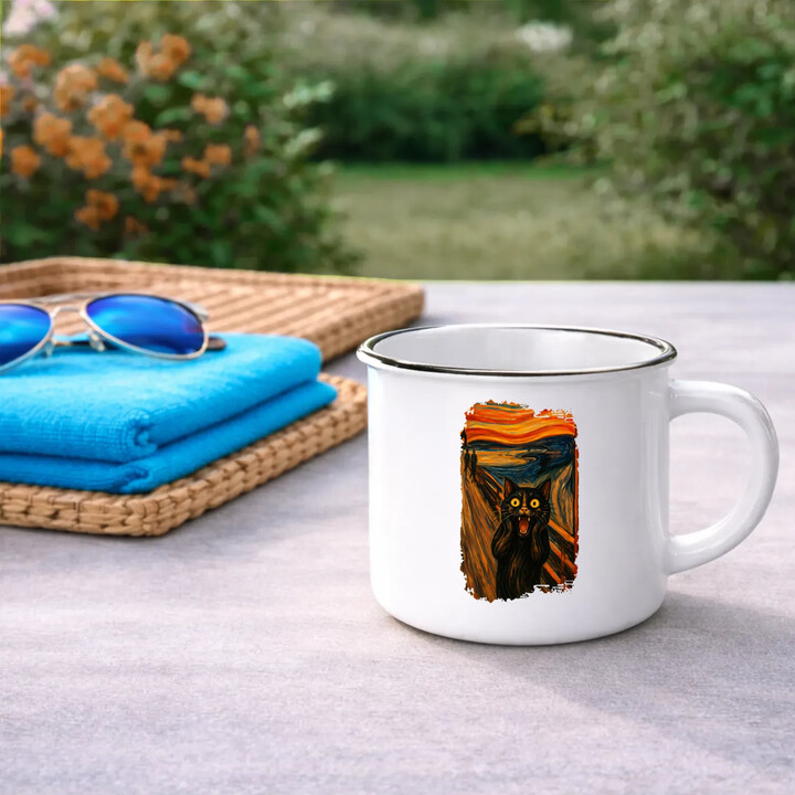Kočka výkřik - inspirovaná Van Goghem  - keramický smaltovaný hrneček s potiskem