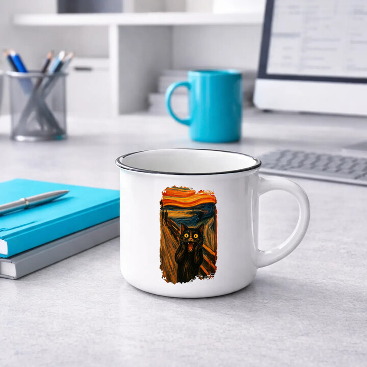 Kočka výkřik - inspirovaná Van Goghem  - keramický smaltovaný hrneček s potiskem