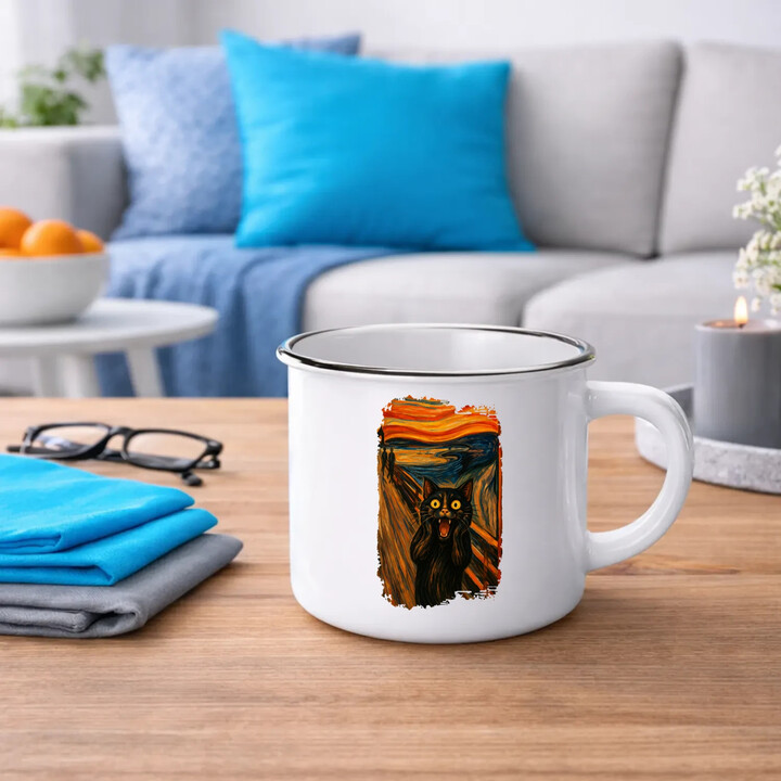 Kočka výkřik - inspirovaná Van Goghem  - keramický smaltovaný hrneček s potiskem
