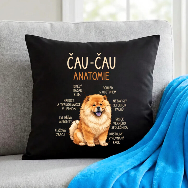Čau-čau - anatomie - černý polštář s potiskem