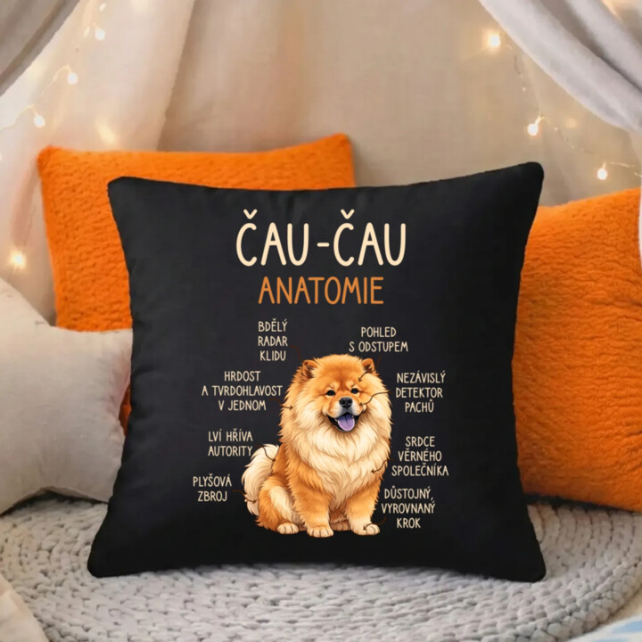 Čau-čau - anatomie - černý polštář s potiskem