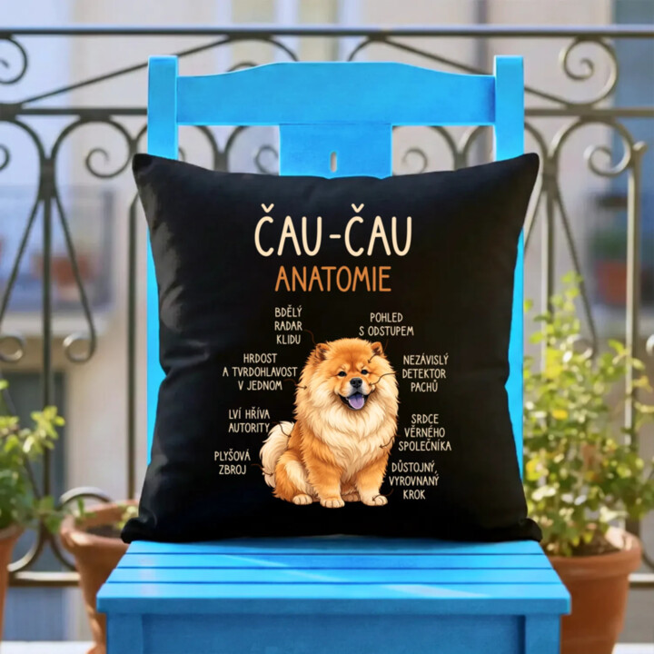 Čau-čau - anatomie - černý polštář s potiskem