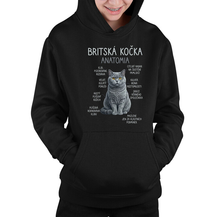 Britská kočka - anatomie - dětská mikina s kapucí