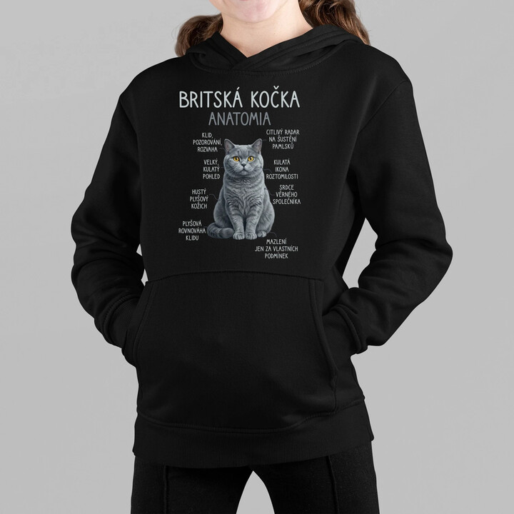Britská kočka - anatomie - dětská mikina s kapucí