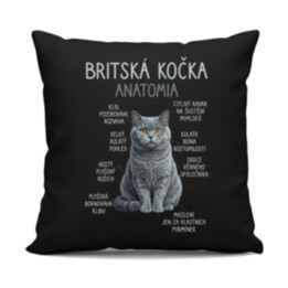 Britská kočka – anatomie - černý polštář s potiskem