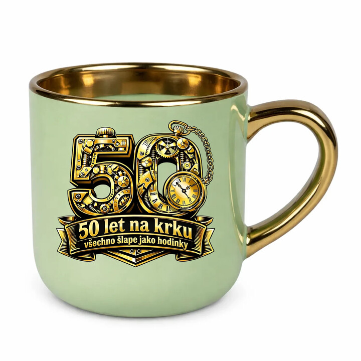50 let na krku, všechno šlape jako hodinky - Elegantní hrnek na dárek