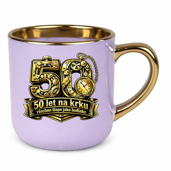 50 let na krku, všechno šlape jako hodinky - Elegantní hrnek na dárek