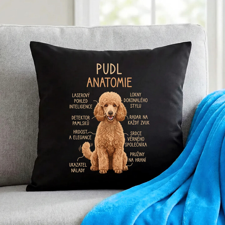 Pudl - anatomie - černý polštář s potiskem