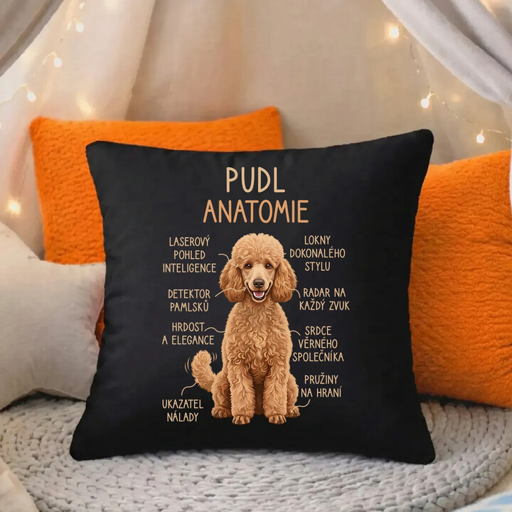 Pudl - anatomie - černý polštář s potiskem