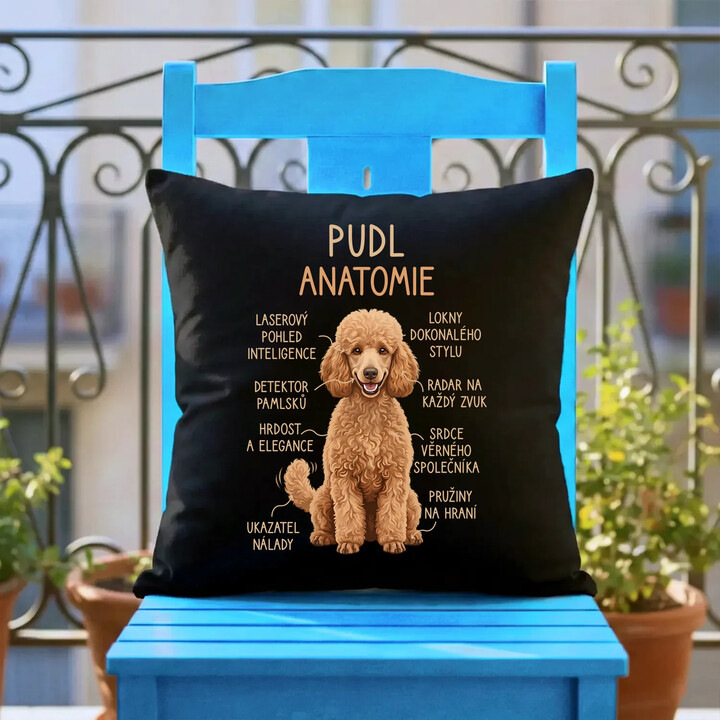 Pudl - anatomie - černý polštář s potiskem