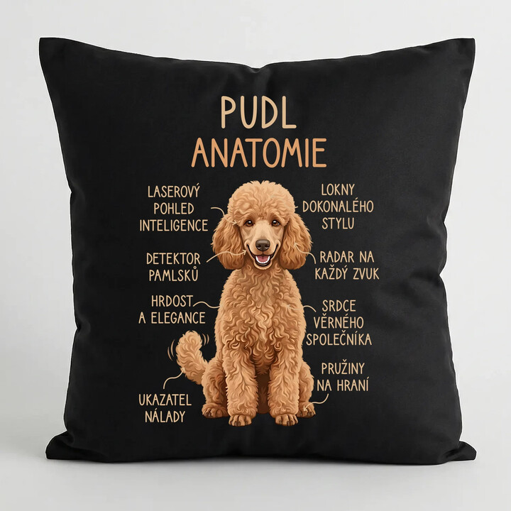 Pudl - anatomie - černý polštář s potiskem