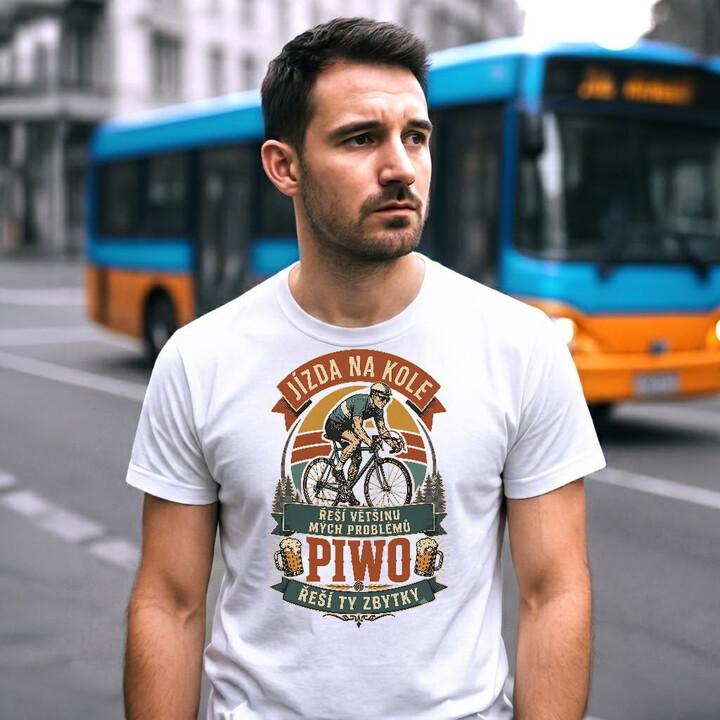 Jízda na kole řeší většinu mých problémů, pivo řeší ty zbytky - pánské tričko s potiskem