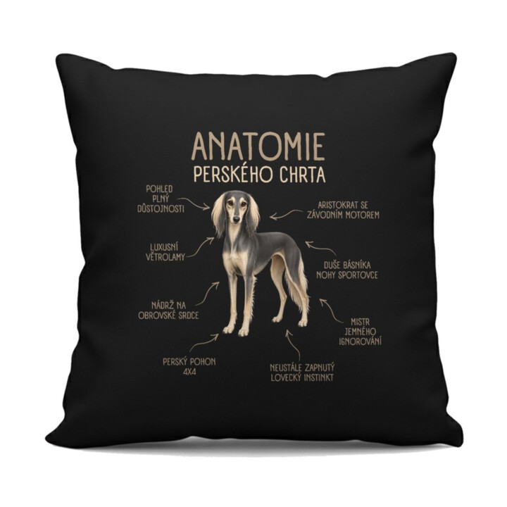 Anatomie perského chrta - černý polštář s potiskem