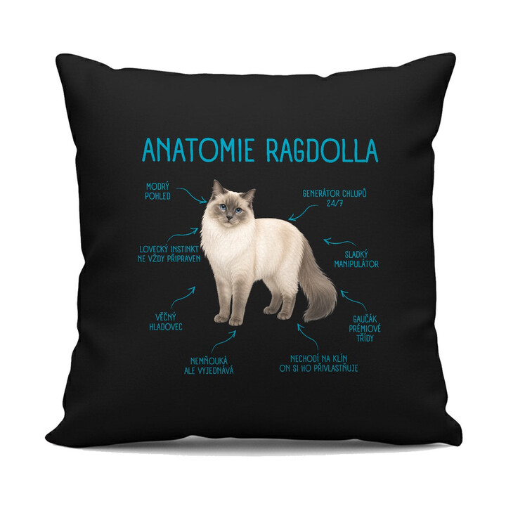 Anatomie ragdolla - černý polštář s potiskem