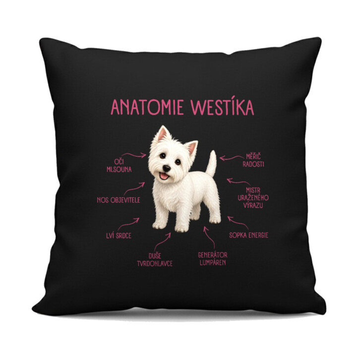 Anatomie westíka - černý polštář s potiskem