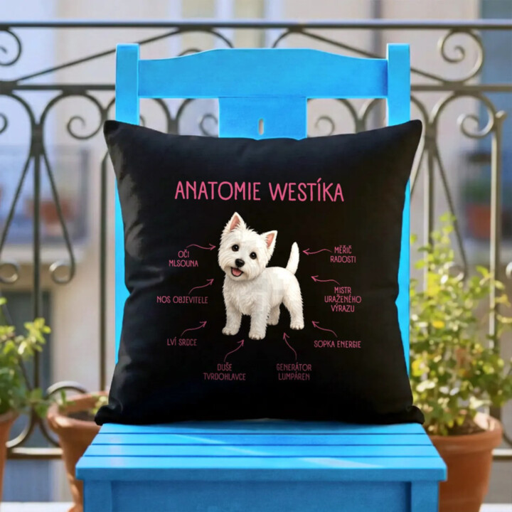 Anatomie westíka - černý polštář s potiskem
