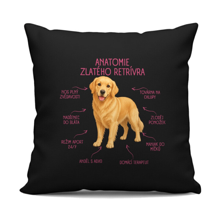 Anatomie zlatého retrívra - černý polštář s potiskem