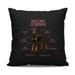 Anatomie dobrmana - černý polštář s potiskem