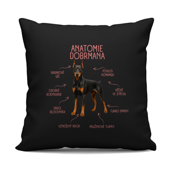Anatomie dobrmana - černý polštář s potiskem