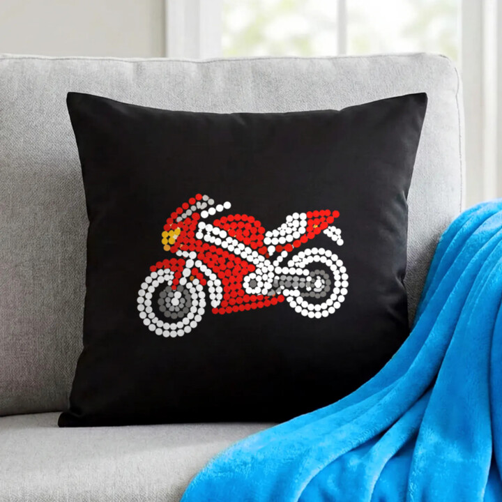 Motorka z teček - den tečky - černý polštář s potiskem