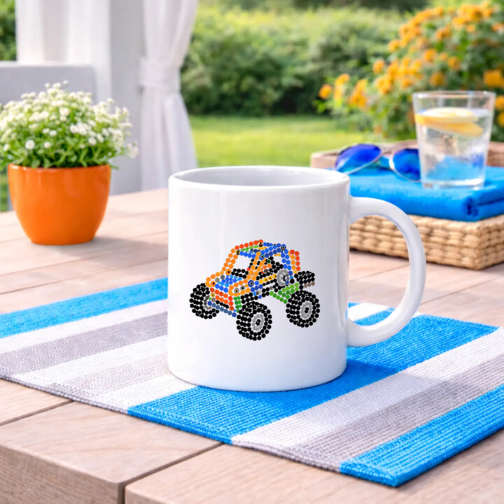 Auto ze stavebnice z teček - den tečky - hrnek s potiskem - inspirováno LEGO Technic