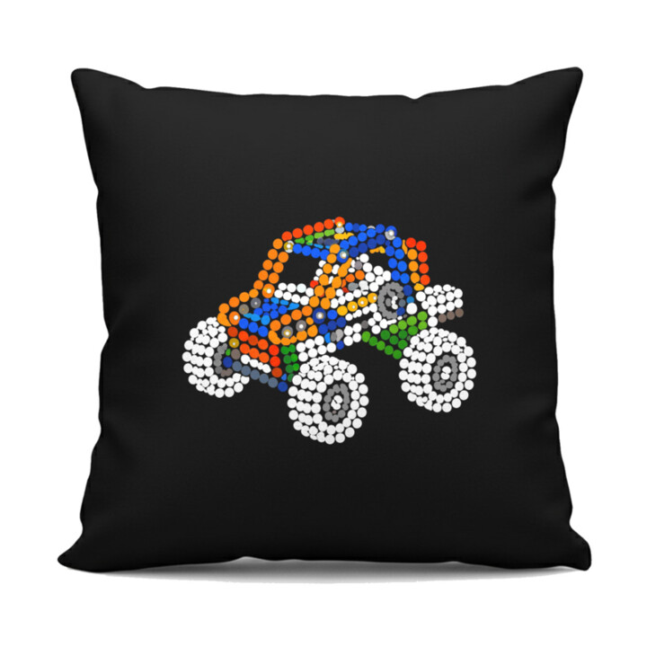 Auto ze stavebnice z teček - den tečky - černý polštář s potiskem - inspirováno LEGO Technic