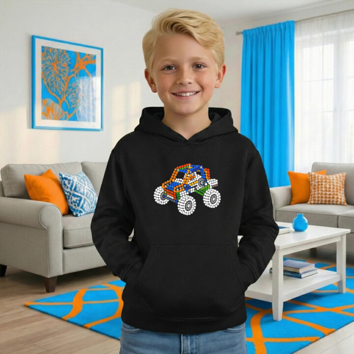 Auto ze stavebnice z teček - den tečky - dětská mikina s potiskem - inspirováno LEGO Technic