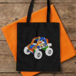 Auto ze stavebnice z teček - den tečky - taška s potiskem - inspirováno LEGO Technic