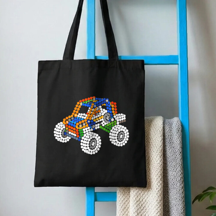 Auto ze stavebnice z teček - den tečky - taška s potiskem - inspirováno LEGO Technic