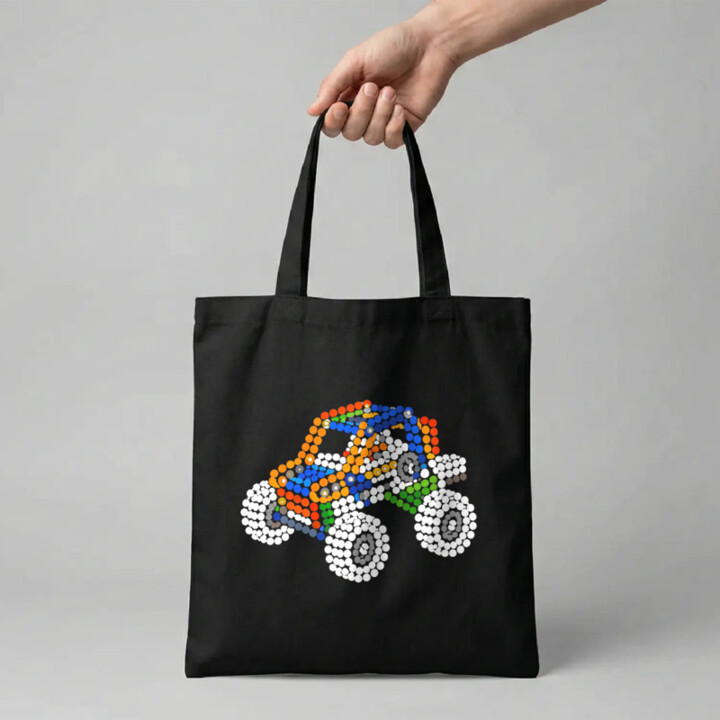Auto ze stavebnice z teček - den tečky - taška s potiskem - inspirováno LEGO Technic