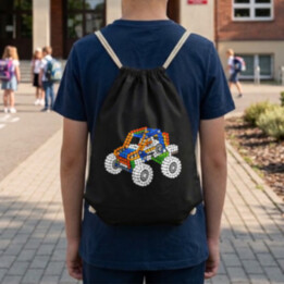 Auto ze stavebnice z teček - den tečky - vak na záda s potiskem - inspirováno LEGO Technic
