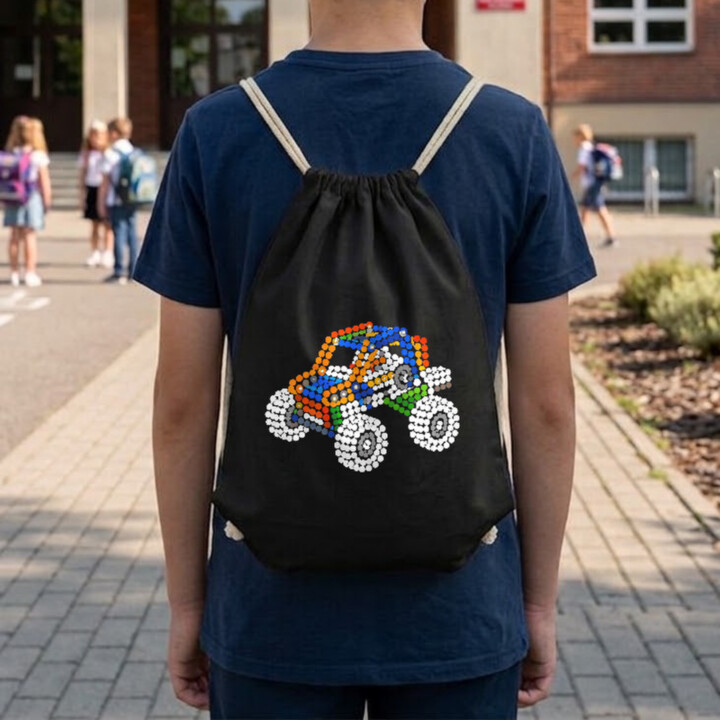 Auto ze stavebnice z teček - den tečky - vak na záda s potiskem - inspirováno LEGO Technic