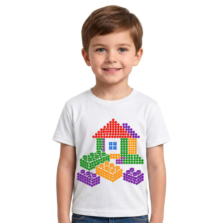 Domeček ze stavebnice z teček - den tečky - dětské tričko s potiskem - inspirováno kostkami LEGO