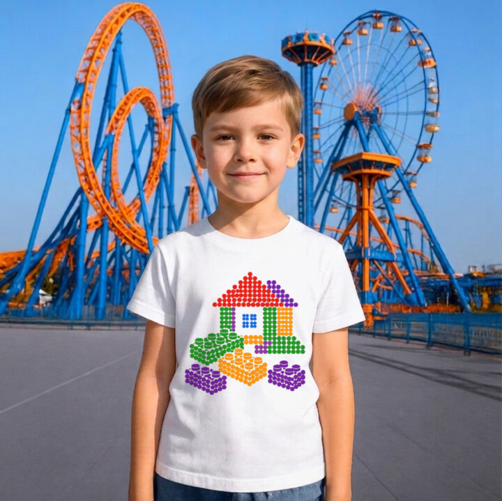 Domeček ze stavebnice z teček - den tečky - dětské tričko s potiskem - inspirováno kostkami LEGO