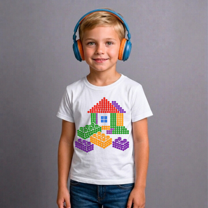 Domeček ze stavebnice z teček - den tečky - dětské tričko s potiskem - inspirováno kostkami LEGO