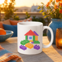 Domeček ze stavebnice z teček - den tečky - hrnek s potiskem - inspirováno kostkami LEGO
