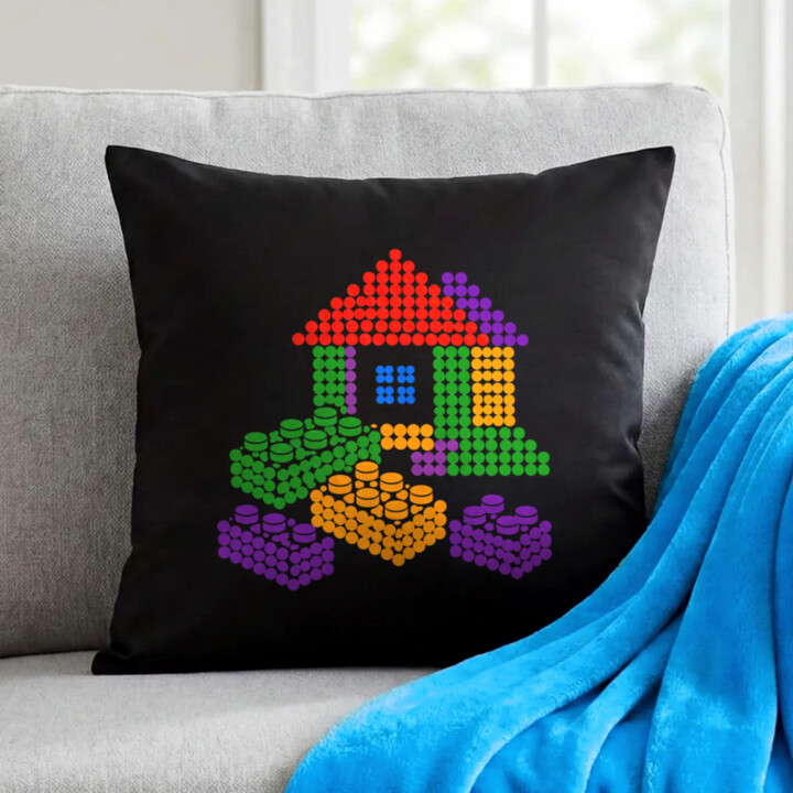 Domeček ze stavebnice z teček - den tečky - černý polštář s potiskem - inspirováno kostkami LEGO