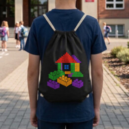 Domeček ze stavebnice z teček - den tečky - vak na záda s potiskem - inspirováno kostkami LEGO