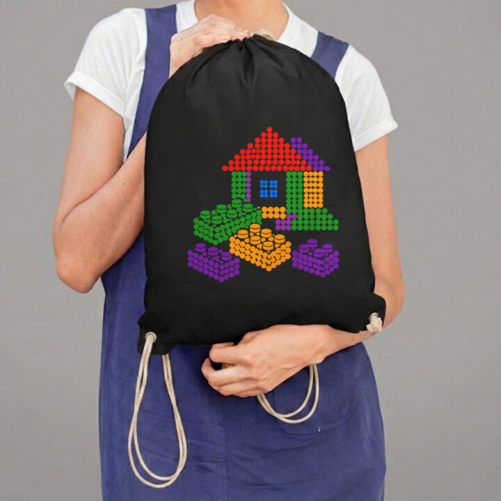 Domeček ze stavebnice z teček - den tečky - vak na záda s potiskem - inspirováno kostkami LEGO