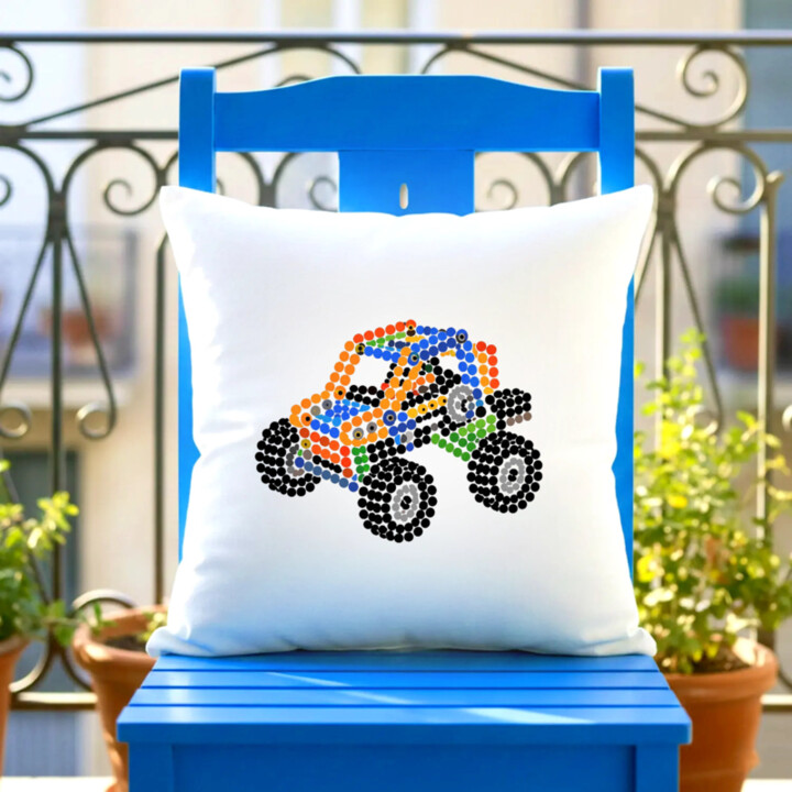 Auto ze stavebnice z teček - den tečky - polštář s potiskem - inspirováno LEGO Technic