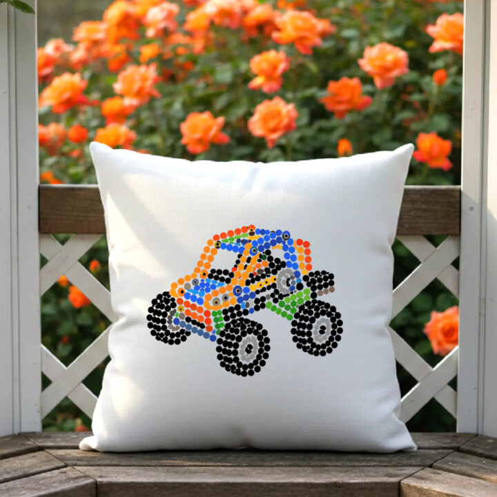Auto ze stavebnice z teček - den tečky - polštář s potiskem - inspirováno LEGO Technic