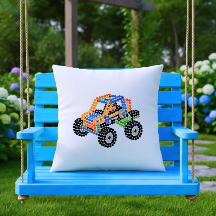 Auto ze stavebnice z teček - den tečky - polštář s potiskem - inspirováno LEGO Technic